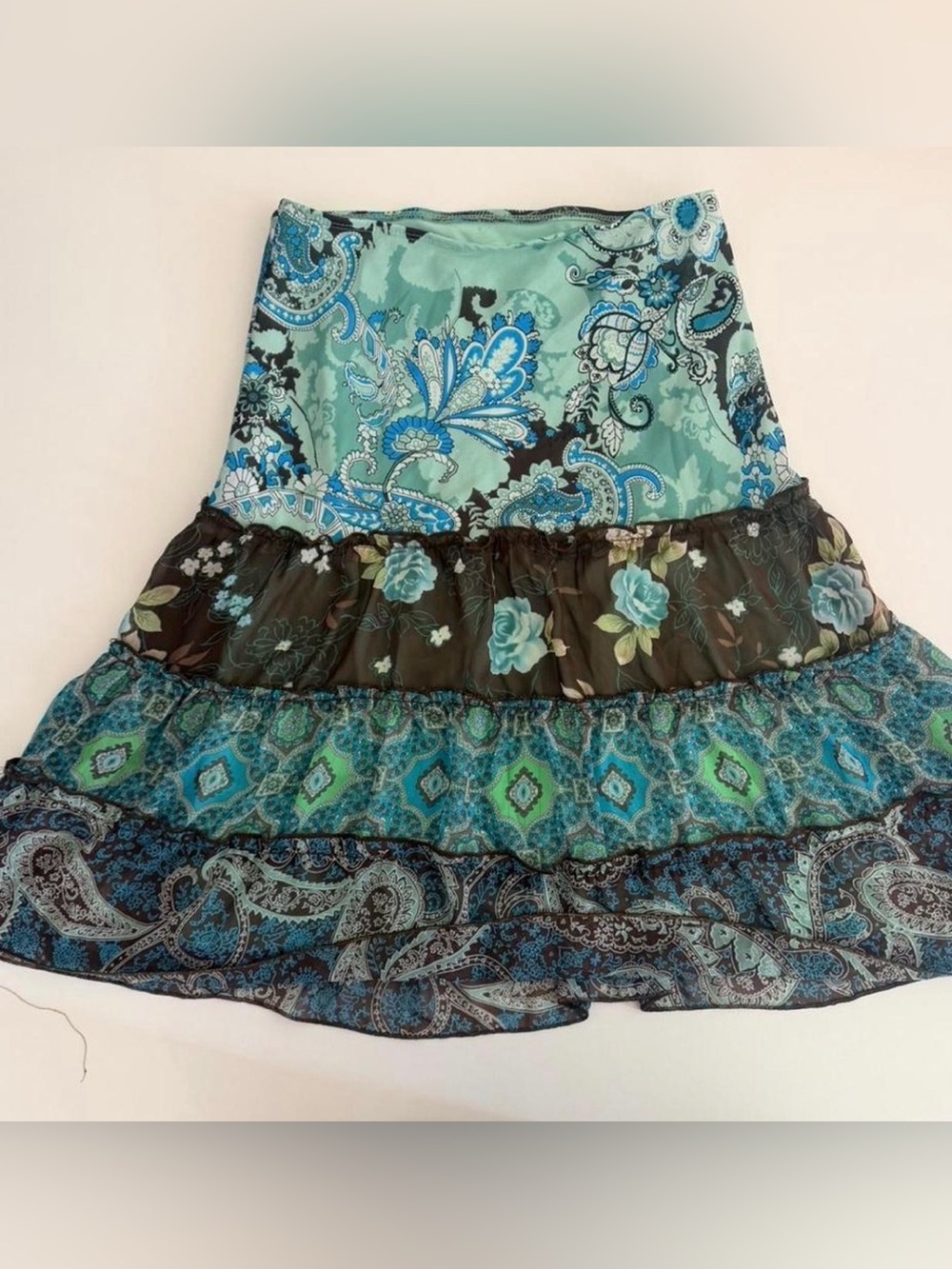 Tiered A-Line Maxi Skirt in Aqua Floral Print